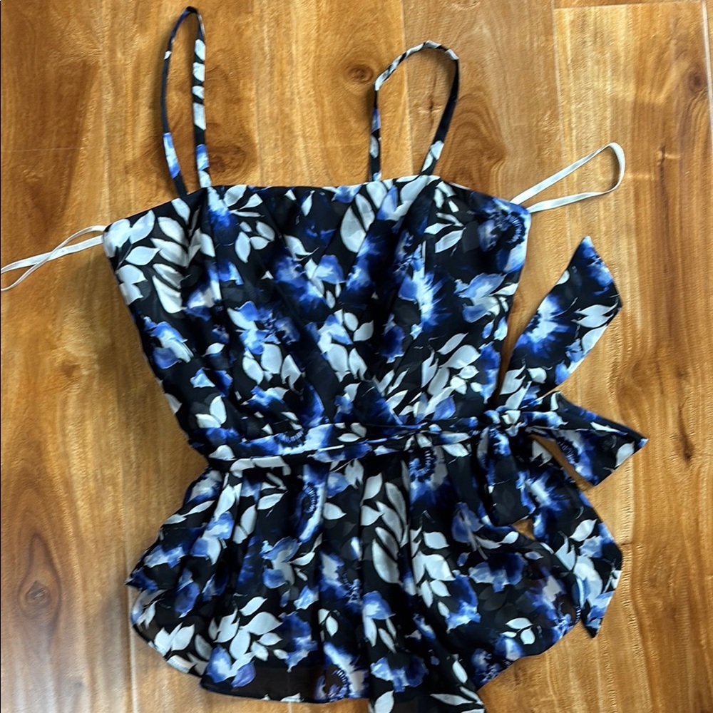 White House Black Market Blue and Black Top with Tropical Floral Print